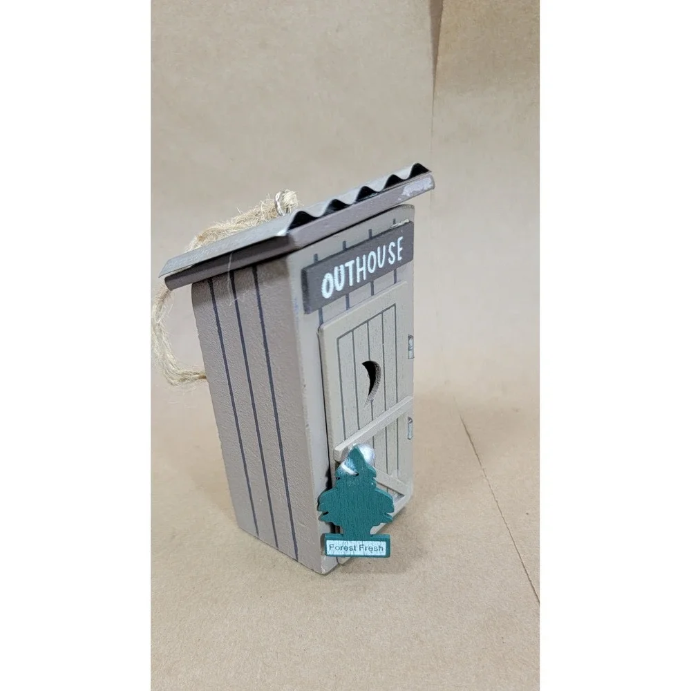 Rustic Wooden Outhouse Ornament Corrugated Metal Roof Forest Fresh Tree Decor